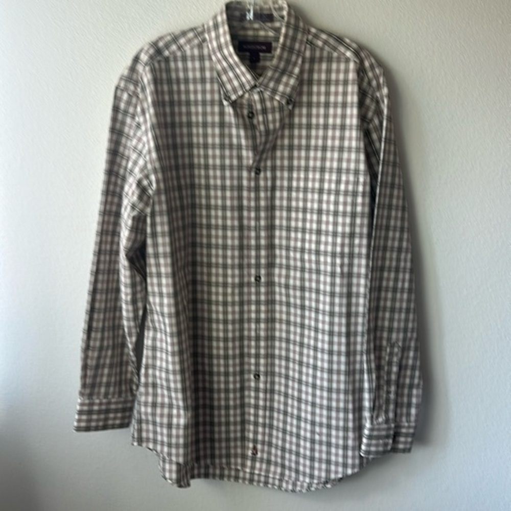 Nordstrom shirt men's button up dressy career size Large White gray plaid